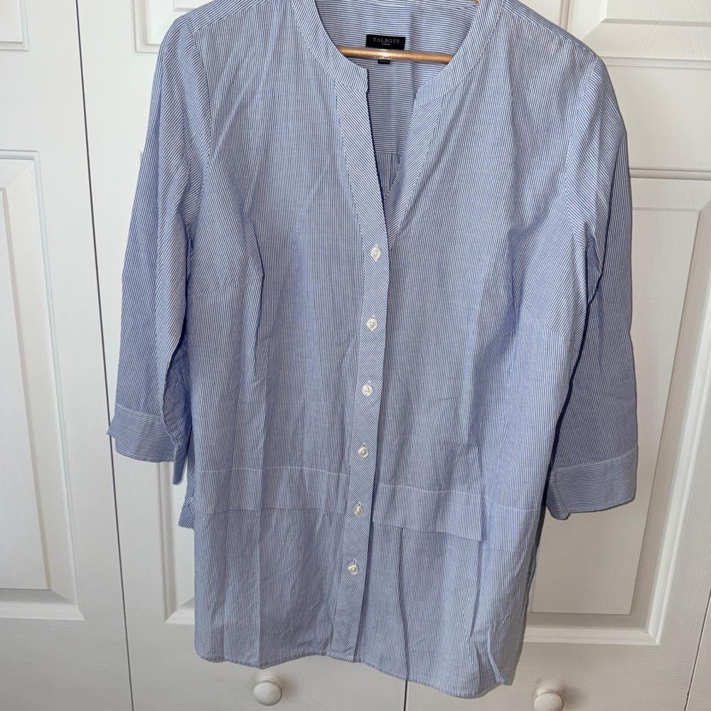 Talbots Woman Blue White Striped 3/4 Sleeve Button Tunic Blouse Size X Plus